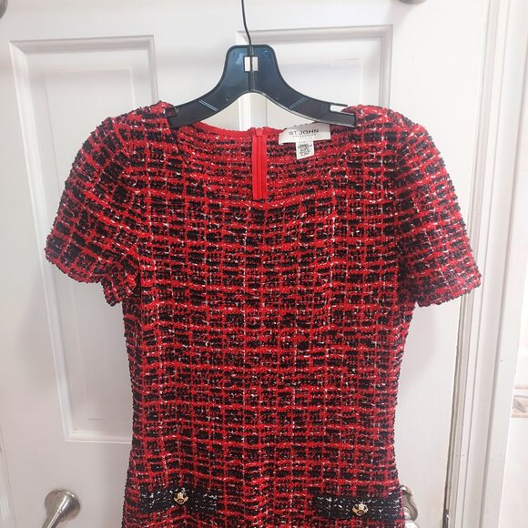 St. John Red Black Silver Short Sleeve Tweed Dress - Picture 2 of 9